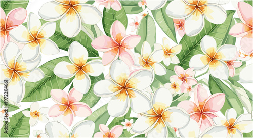 Delicate seamless pattern of white and pink plumeria flowers and green leaves.