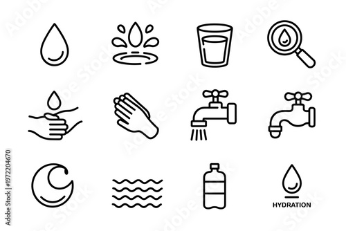 Water Drop Line Icon Set – Liquid, Hygiene, and Clean Water Outline Collection