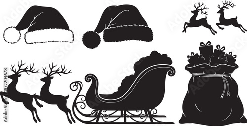Christmas icons including Santa hat, reindeer, sleigh and gift bag