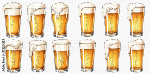 Set of twelve hand-drawn watercolor beer glasses with frothy foam, refreshing alcoholic beverage illustration.