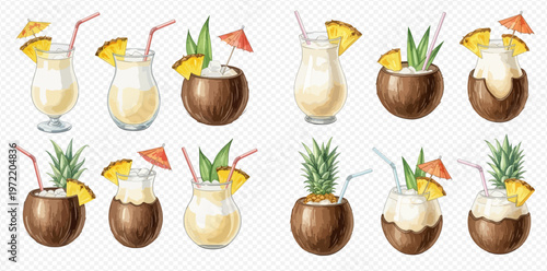 Watercolor collection of refreshing tropical Pina Colada cocktails in various glasses and coconut shells, garnished with pineapple slices and straws.