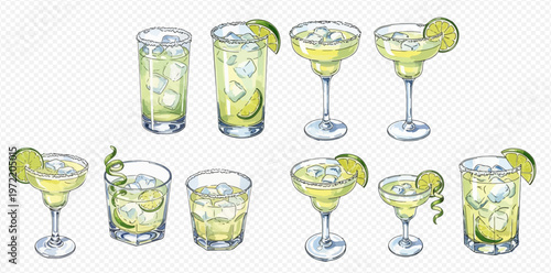 Set of refreshing lime cocktails and drinks with ice in various glasses, hand-drawn illustration.