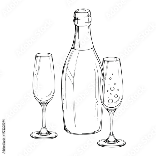 Bottle of sparkling wine, flute glasses with bubbles of fizzy wine hand drawn in ink linework. Isolated vector illustration. Vineyard marketing, wine packaging, menu design, birthday or anniversary.
