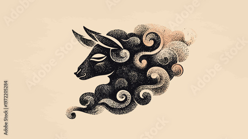 A stylized illustration depicting an animal head with closed eyes and decorative swirling fluff