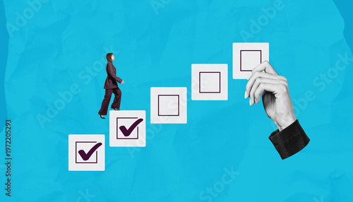 Foto Business person stepping on ascending checkboxes with hand marki