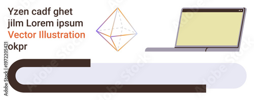 Technology, design layouts, conceptual learning, workspace setup, digital tools, visualization. A geometric prism, laptop and curved line on a clean background. Technology and design layouts concept