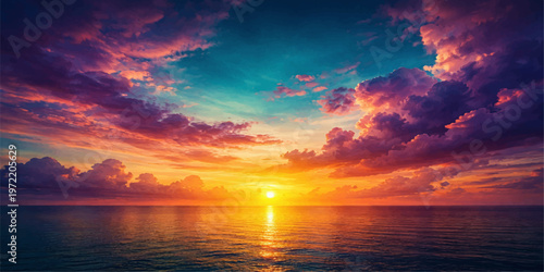 Beautiful sunset over the sea and ocean with colorful sky clouds and warm evening light reflecting on water