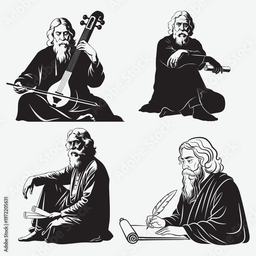 Rabindranath tagore playing an instrument and writing with a quill in and silhouettes