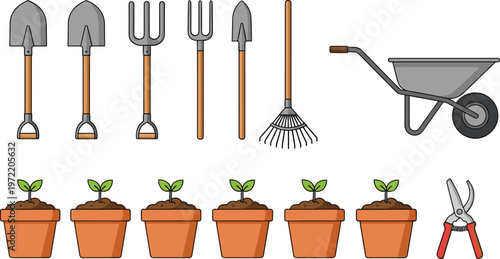 Gardening tools and seedlings set with shovel rake wheelbarrow and plant pots vector illustration