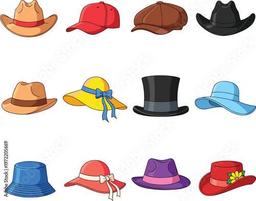 Hat collection with cowboy cap fedora top hat and sun hats vector illustration set