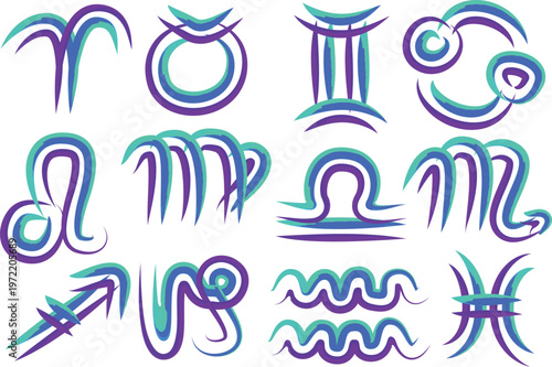 purple blue colorful double outline astrology signs set