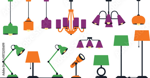 Lighting fixtures collection with ceiling lamps chandeliers and desk lights vector illustration set