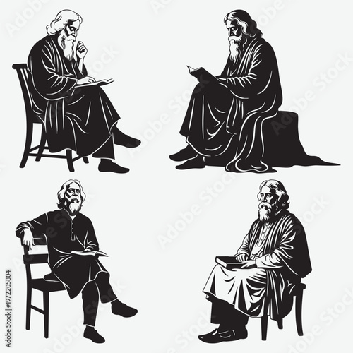 Rabindranath tagore sitting on chairs and stools reading books in a and silhouette style