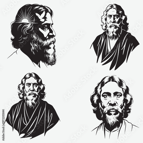 Set of four monochromatic portraits of rabindranath tagore with sun and artistic line details