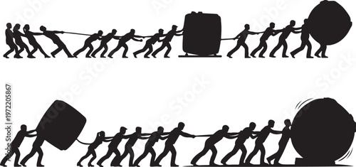 Teamwork and collaboration concept with people pulling ropes and heavy objects