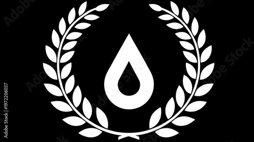 A white tear-drop shape in a white wreath on a black background