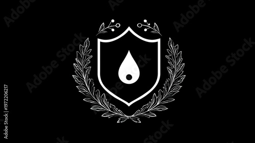 A white crest with a teardrop shape in the center surrounded by a laurel wreath on a black background