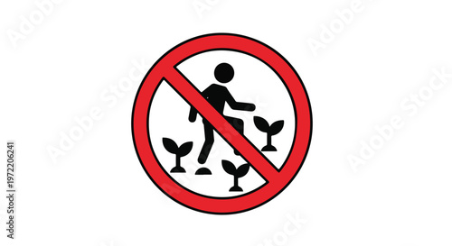 Red prohibition sign with a silhouette of a person walking among small plants, indicating no entry or restricted access