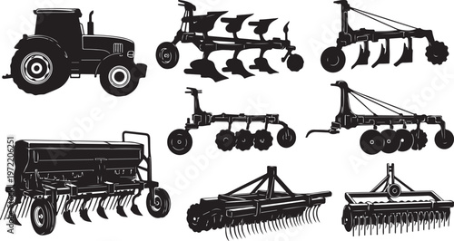 Agricultural machinery and tractor silhouettes for farming and cultivation needs