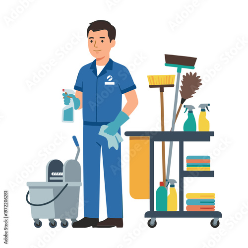 Man cleaning with cart and tools in a domestic environment
