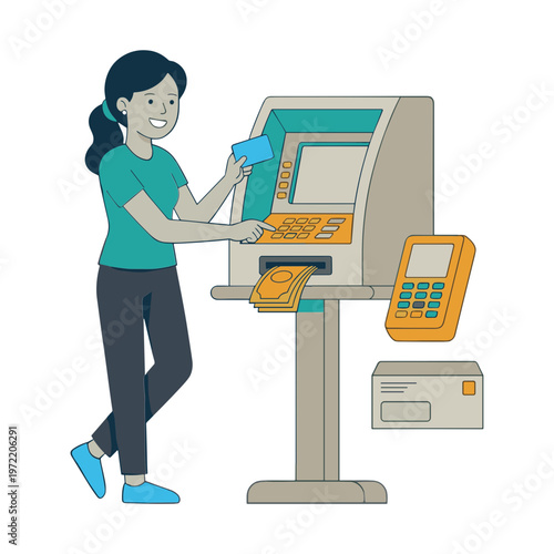 Woman using a card at an ATM machine outdoors with a happy expression