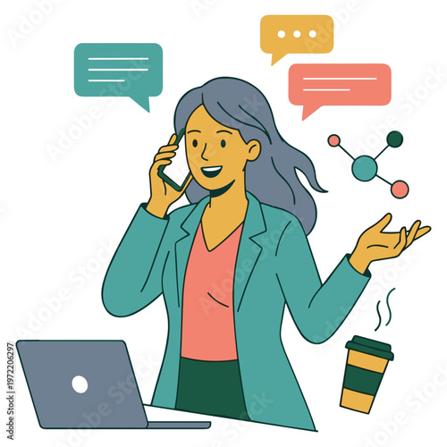 Woman talks on phone with laptop and coffee discussing science