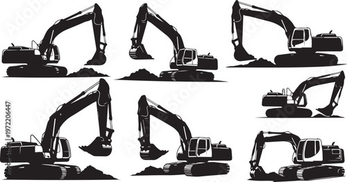 Collection of excavator silhouettes in various positions and angles