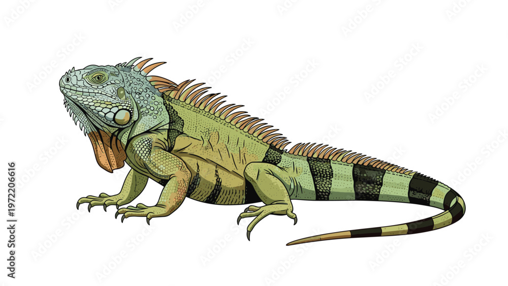 Fototapeta premium Detailed side view illustration of a green iguana with its characteristic spikes, scales, and long tail on a white background.