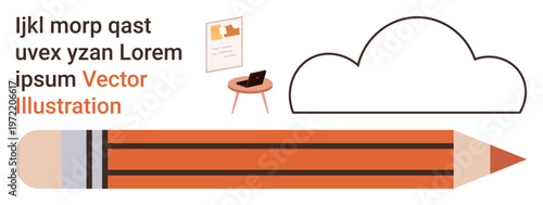 Design inspiration, creative workspace, office decor, minimalism, stationery, brainstorming. Orange pencil, cloud shape desk with a laptop and picture frame. Design inspiration and creative