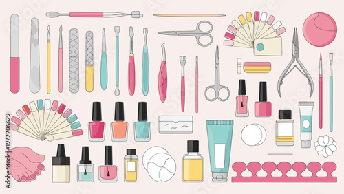 Comprehensive collection of manicure and nail care tools including polish bottles, files, scissors, and brushes on a pink background.