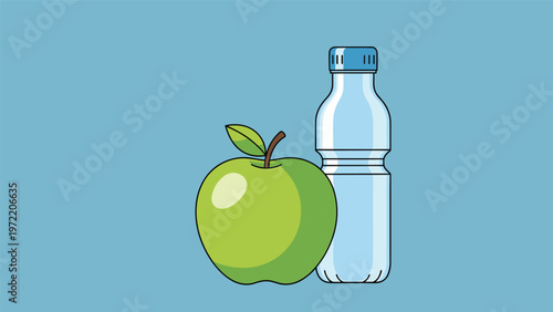Healthy lifestyle concept featuring a fresh green apple and a clear plastic bottle of water set against a plain light blue background.