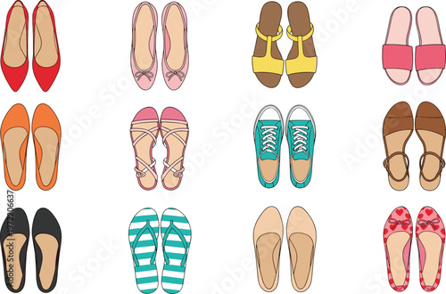 Fashion Footwear Collection with Various Shoes, Sandals, Flats, and Sneakers for Summer and Casual Wear Illustrations