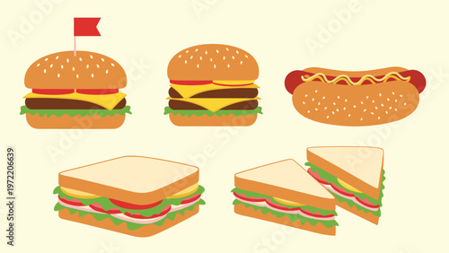 Assortment of classic fast food items including a cheeseburger, a double burger, a hot dog, and two types of deli sandwiches.