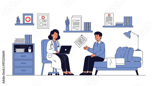Female doctor in a white coat consulting with a male patient in a modern medical office equipped with books and a laptop computer.