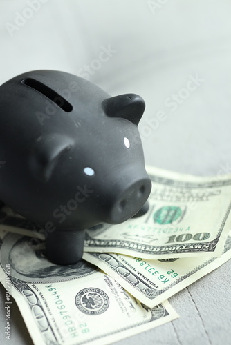 Bild auf Leinwand A black piggy bank sits on a light surface with dollar bills arranged around it
