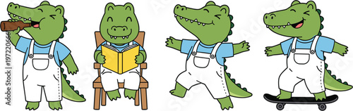 Cute crocodile character set with activities reading skating and eating cartoon vector illustration
