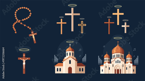 Collection of religious icons featuring churches with domes, various styles of crosses, and a rosary against a dark blue background.