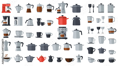 Extensive set of icons related to coffee and tea including pots, cups, machines, beans, and carafes in a clean flat design style.