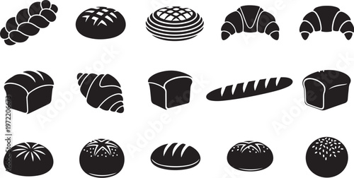 Various types of bread icons in black and white illustrations