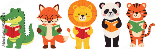 Cute animals reading books cartoon set with crocodile fox lion panda and tiger vector illustration
