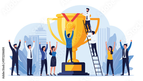 Enthusiastic business team celebrating a major success around a giant gold trophy cup with a first place medal in a city.