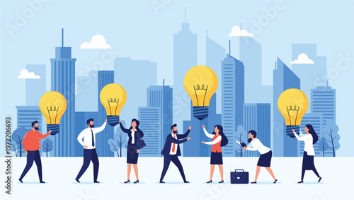 Group of business people walking through a city and holding large glowing lightbulbs representing innovative ideas and solutions.