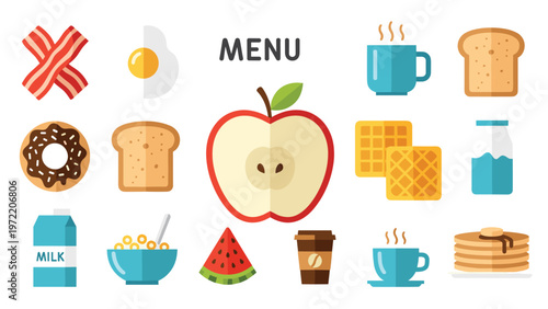 Collection of flat style breakfast food and drink icons featuring healthy fruits, coffee, milk, and sweet treats on a white background.