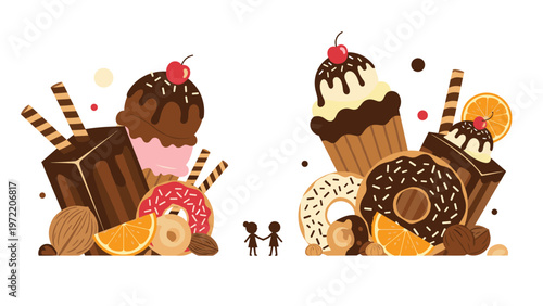Decorative composition of various sweet desserts including chocolate brownies, ice cream, donuts, and cupcakes with tiny child figures.
