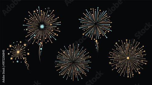 Set of diverse firework explosions with glowing sparks and trails captured against a solid black night sky background in an illustration.