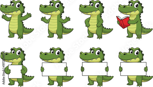 Cute crocodile character set with blank sign board and reading book cartoon vector illustration