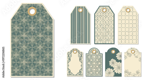 Vintage style gift tag collection featuring various elegant floral and geometric patterns in muted green and cream colors for packaging.