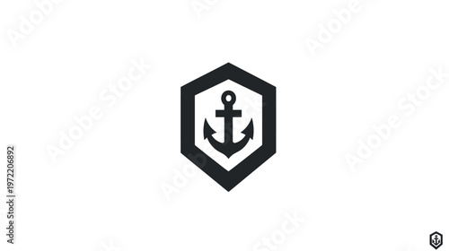 A geometric black and white design with an anchor inside a hexagon shape on a white background