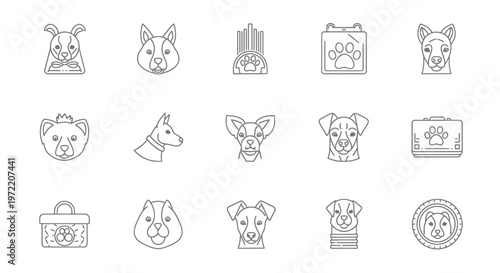 Diverse Collection of Outline Dog Icons Featuring Various Canine Breeds and Pet-Related Accessories, Ideal for Modern Web Design, Mobile Applications, and Animal-Themed Graphic Projects