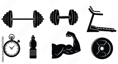 Black silhouette icons representing gym equipment fitness and athletic training